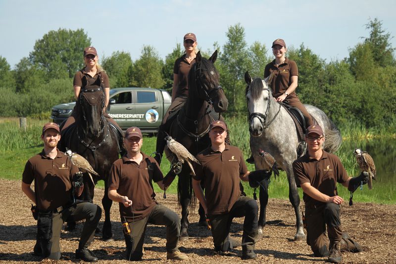 Das Team des Ørnereservatet mit Vögeln und Pferden